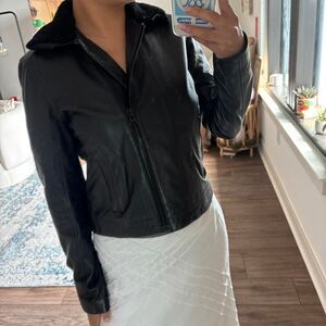 y2k vintage black leather moto jacket slim fit with fur trim size small